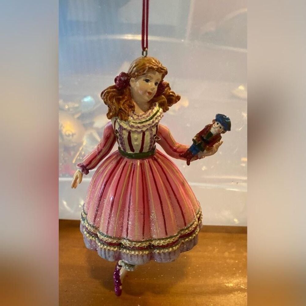 Vintage Pink Nutcracker Girl Doll Medium Hanging Glitter Christmas Ornament 5”
